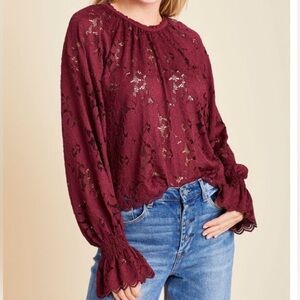 Free People Olivia Top Sz L Bell Sleeve Burgundy Lace Tunic Floral Romantic Boho